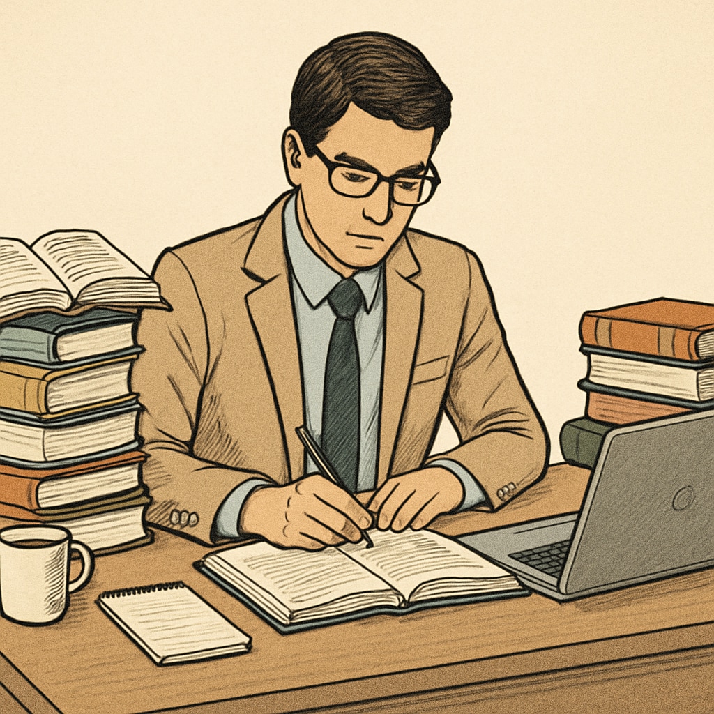 A professional student studying at a desk with study materials and a laptop, symbolizing the balance between education and career. The image conveys the challenges of managing both aspects effectively. Professional student studying at a desk with study materials and a laptop, representing the balance between education and career.