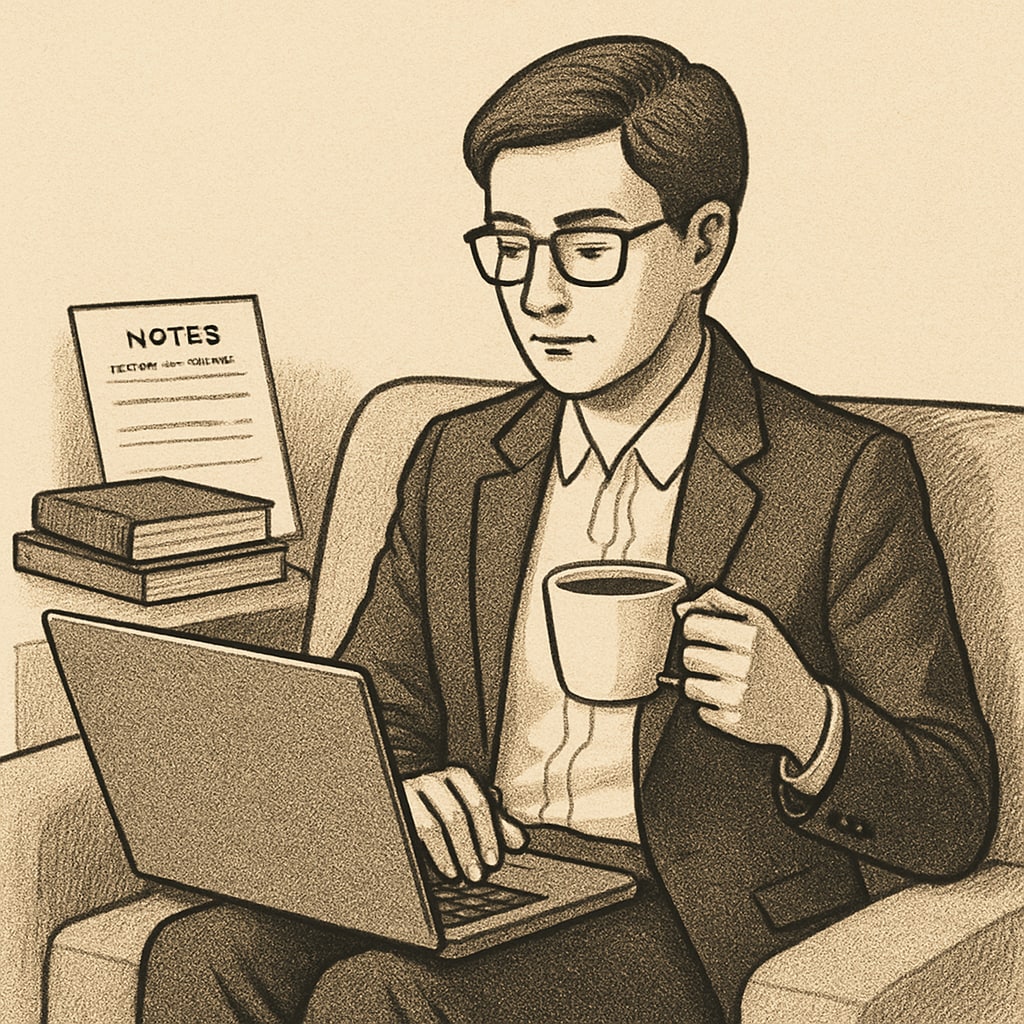 A busy professional balancing work and study, sitting on a couch with a laptop and a cup of coffee. The image highlights the intersection of personal and professional commitments during higher education. Busy professional balancing work and study with a laptop and coffee, symbolizing time management challenges.