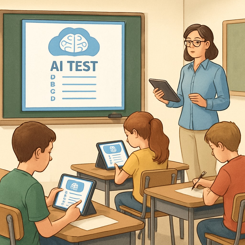 A classroom scene with students using AI tools like tablets and interactive whiteboards during a test session. Students utilizing AI tools during competitive exams in a classroom setting.