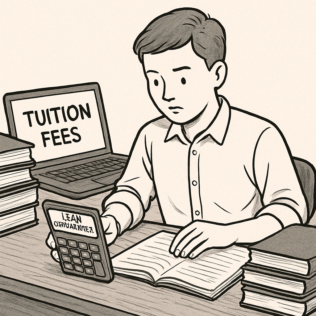 A student sitting in front of a laptop, surrounded by books, calculating tuition and loan repayments. Student calculating Ivy League tuition and loan repayments.