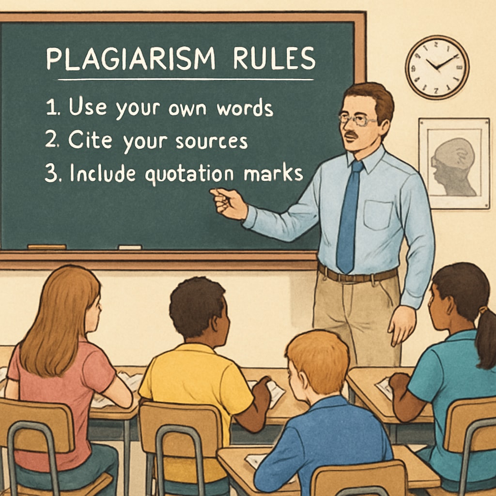 Teacher discussing plagiarism prevention methods with students in a classroom.