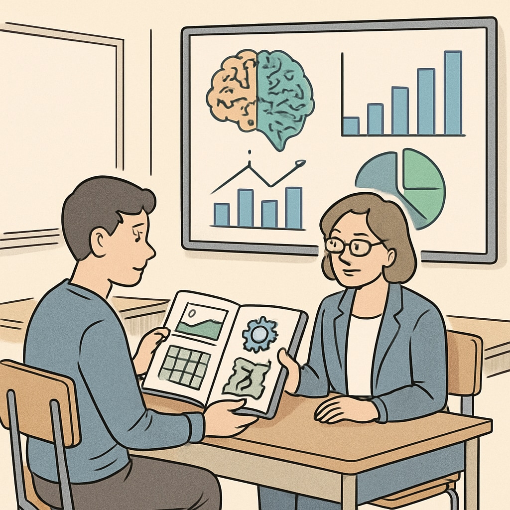 A student presenting a portfolio of projects to a teacher, with AI-generated data insights displayed on a screen. A student showcasing portfolio-based talent evaluation using AI tools.