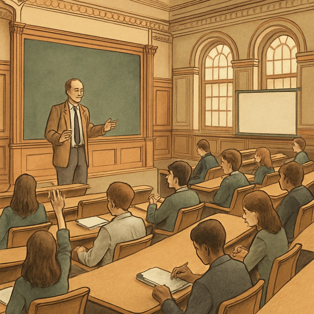 A lecture hall in an Ivy League university, showing a professor and students engaging minimally. Ivy League lecture hall with limited interaction.