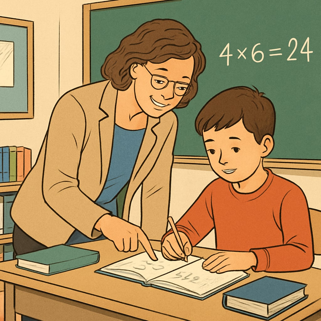 A supportive teacher assisting a student with a mathematics problem in a classroom setting. A UK classroom where a teacher helps a returning student with mathematics.