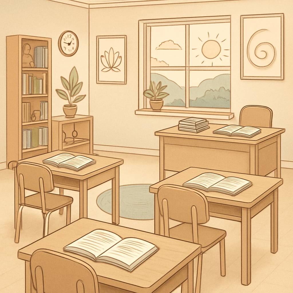 A serene classroom setting emphasizing mindfulness and holistic learning, inspired by Sadhguru's teachings. Students in a classroom practicing mindfulness inspired by Sadhguru’s holistic teachings.