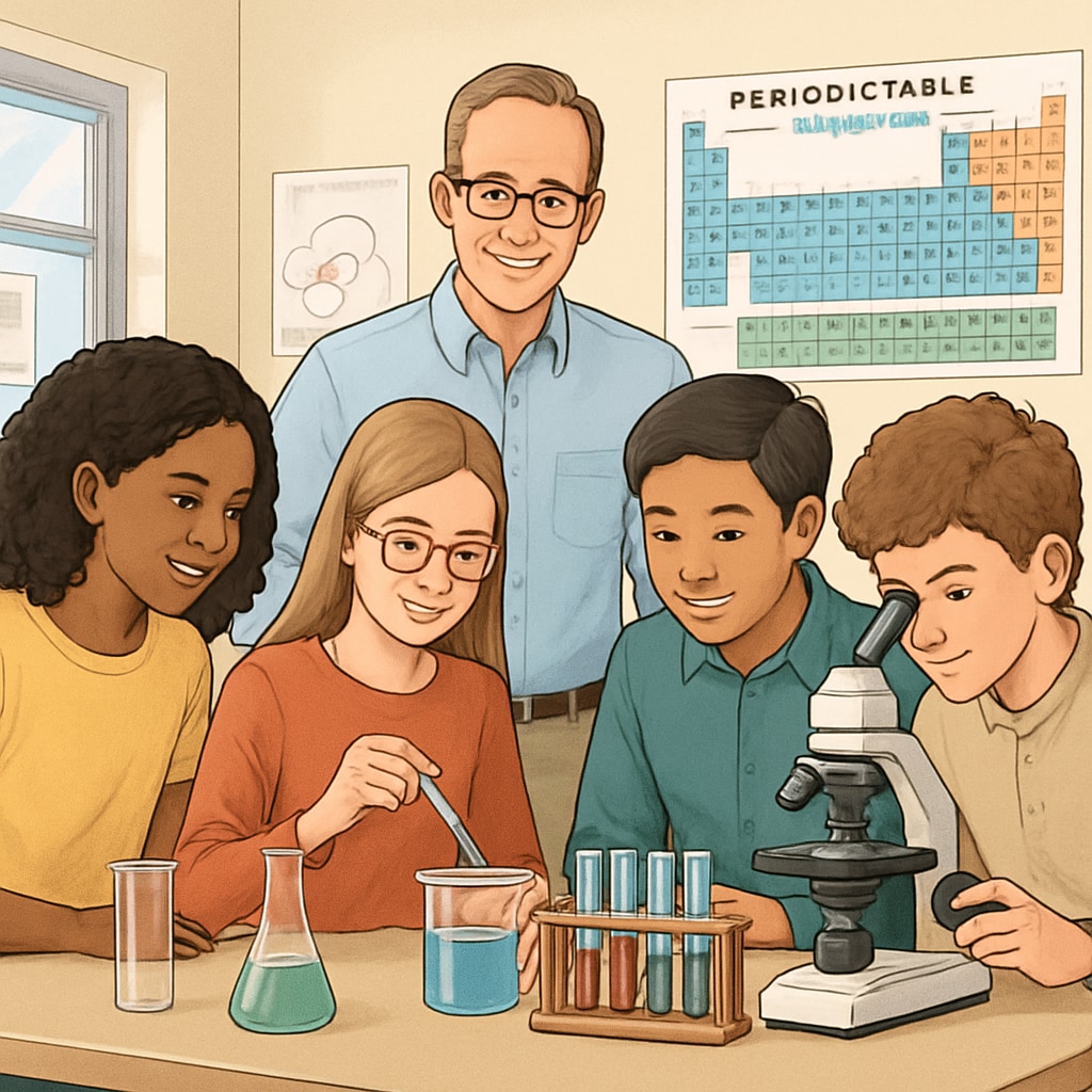A diverse group of high school students working on a science experiment together in a classroom setting. High school students learning science in an inclusive classroom with hands-on activities.