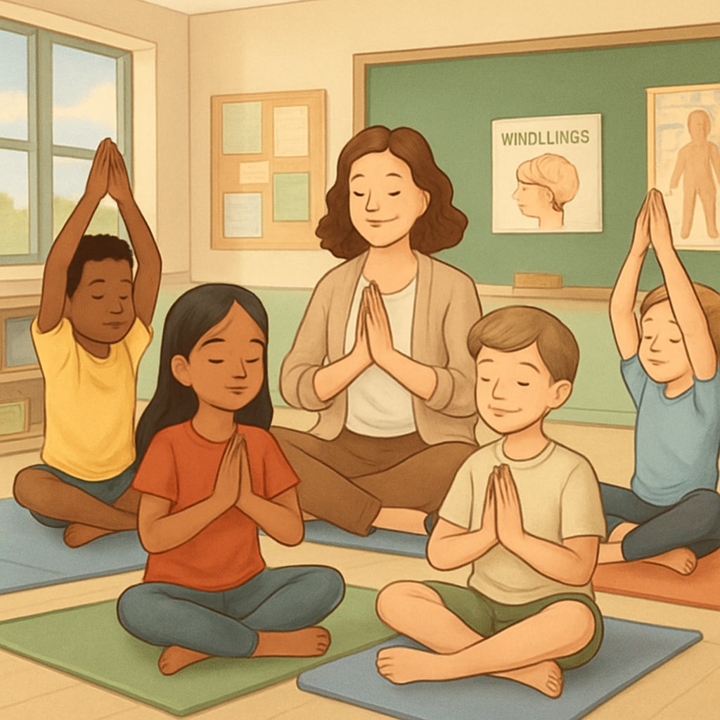 A group of young students practicing yoga in a classroom setting as part of a holistic curriculum. Students practicing yoga in a classroom, reflecting Sadhguru’s emphasis on holistic education.