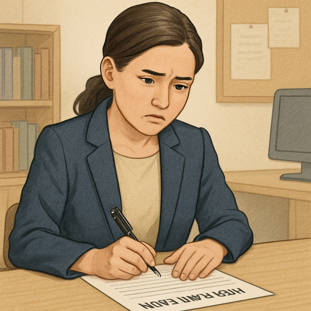 A teacher candidate looking concerned while filling out an application form, representing the challenges of political stance screening. A concerned teacher applicant reflecting on political stance tests in Oklahoma.