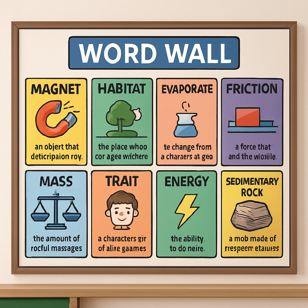 A colorful word wall in a classroom displaying scientific vocabulary terms and definitions. Word wall in a science classroom showcasing vocabulary for English learners.