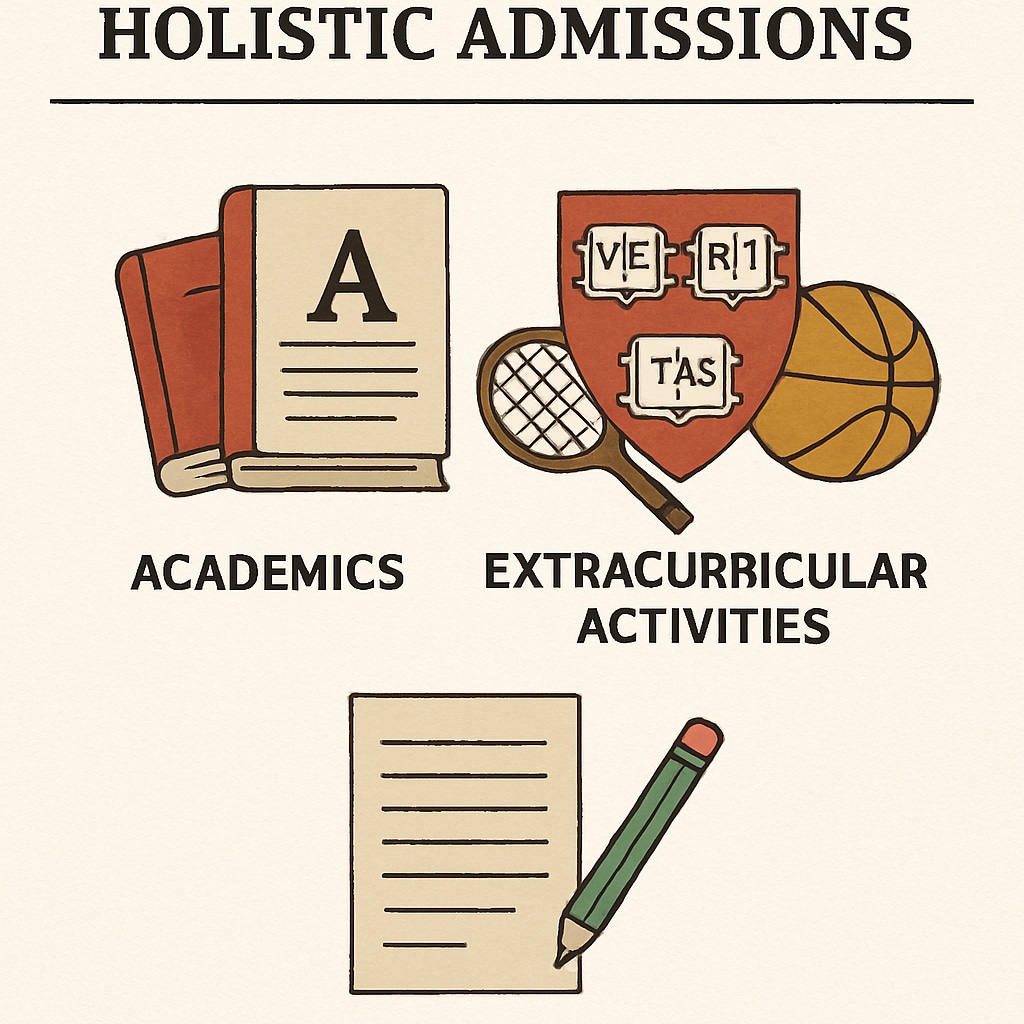 A visual representation of Harvard University’s holistic admissions process, focusing on multiple evaluation factors such as academics, extracurriculars, and essays. Harvard University holistic admissions process diagram