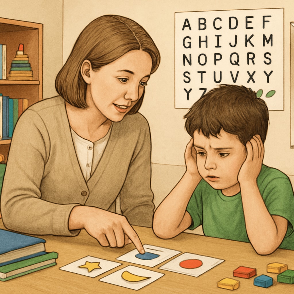 An empathetic teacher assisting a young child with autism in a classroom setting, demonstrating individualized learning techniques. Special education teacher helping a student with autism.