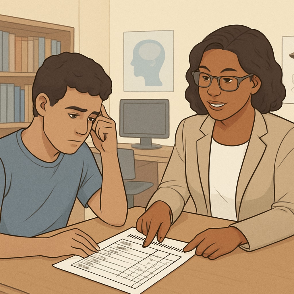 A student reviewing transcripts and consulting a counselor about retaking a course to improve academic performance. Student discussing course retake options with a counselor