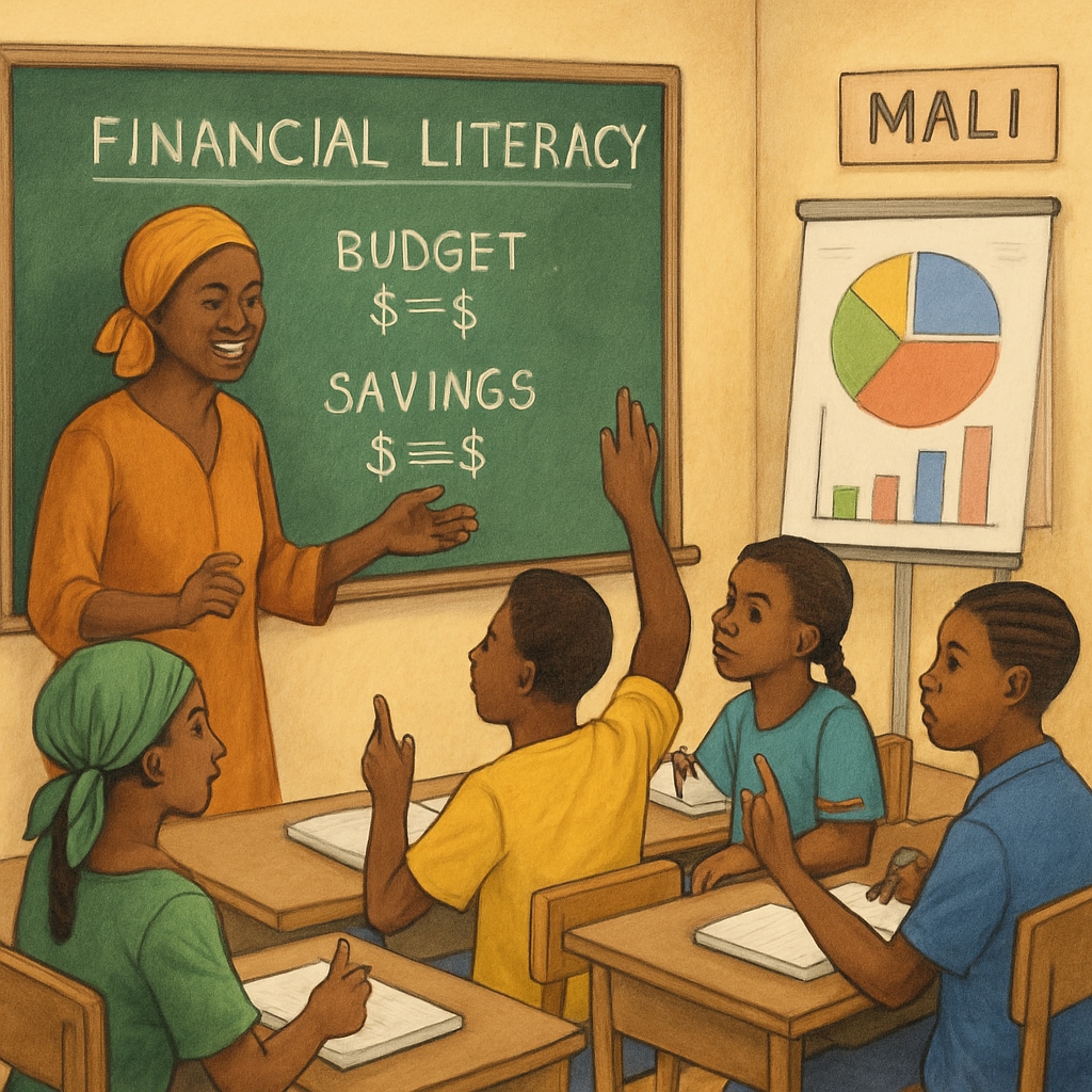 A classroom in Mali with students engaged in a financial literacy workshop. Financial literacy workshop in Mali with students learning finance concepts.