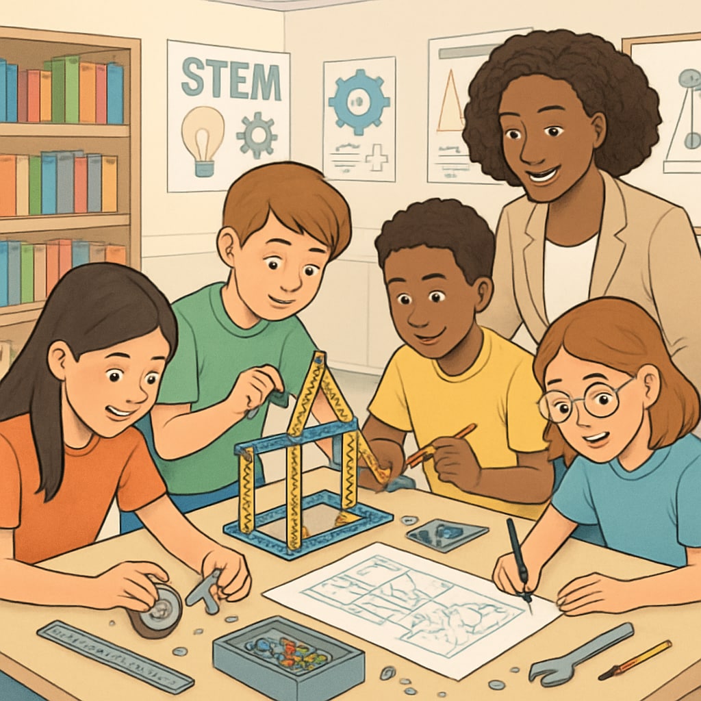 A classroom where students are actively participating in a STEM-based hands-on project, with an educator guiding them using engineering tools. Students engaged in STEM activities with an educator demonstrating engineering concepts.