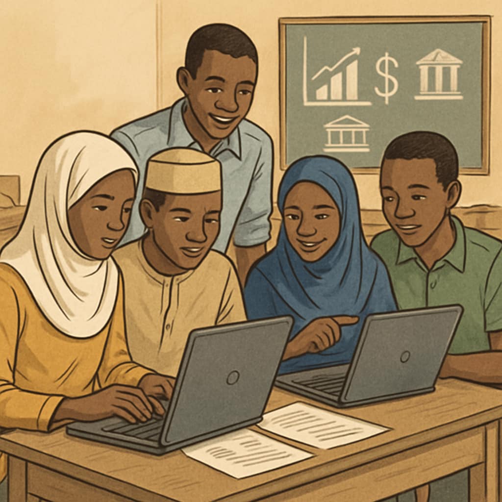 A group of students in Mali researching financial career opportunities on laptops. Students in Mali exploring career options in finance using laptops.