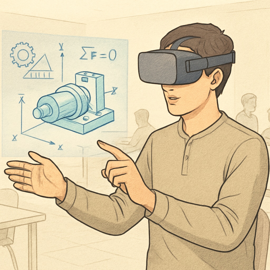 A university student using virtual reality (VR) technology to demonstrate engineering principles in a collaborative learning environment. Student employing VR for teaching engineering concepts in an interactive classroom.