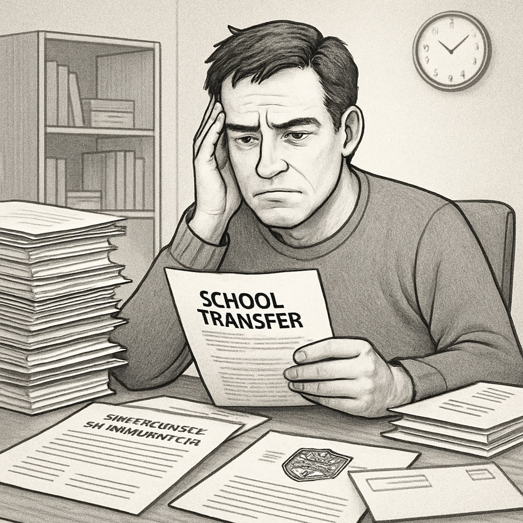 A frustrated parent reviewing paperwork for a school transfer, illustrating the challenges of navigating inter-district communication. Parent struggling with school transfer paperwork, symbolizing barriers in inter-district communication.