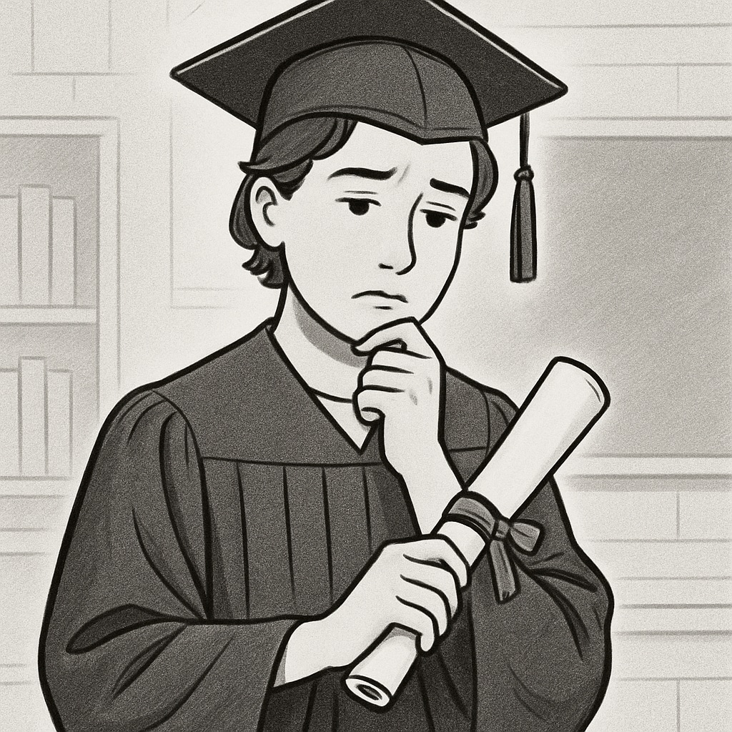 A young graduate holding their diploma with a reflective expression, symbolizing mixed emotions. A graduate reflecting on their modified high school diploma.