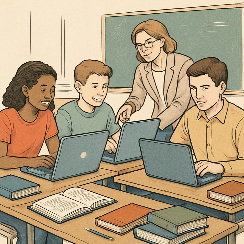 A group of students using laptops in a classroom, symbolizing reliance on digital resources for education. Students using laptops in a classroom, representing digital learning in K-12.