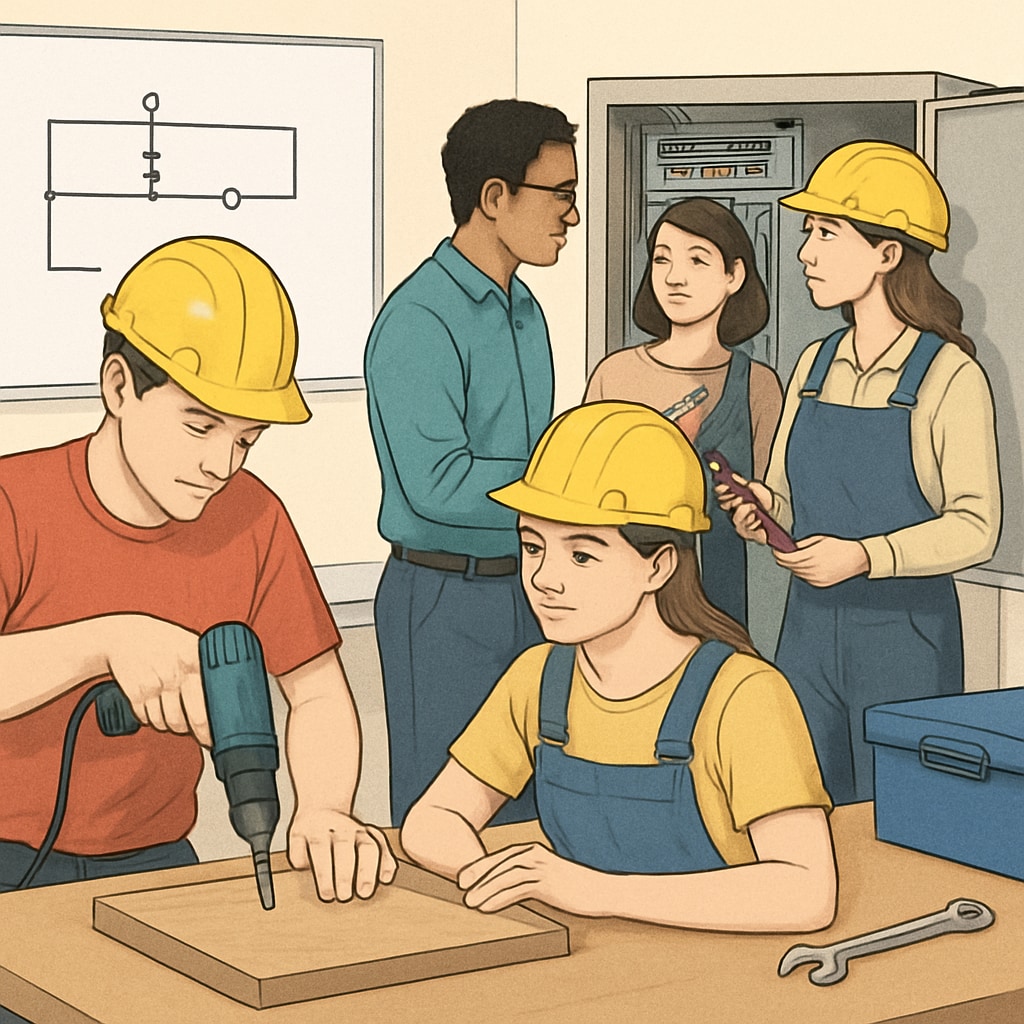 A group of young adults engaged in a hands-on vocational training session, representing alternative education paths. Students participating in vocational training as an alternative to traditional education.