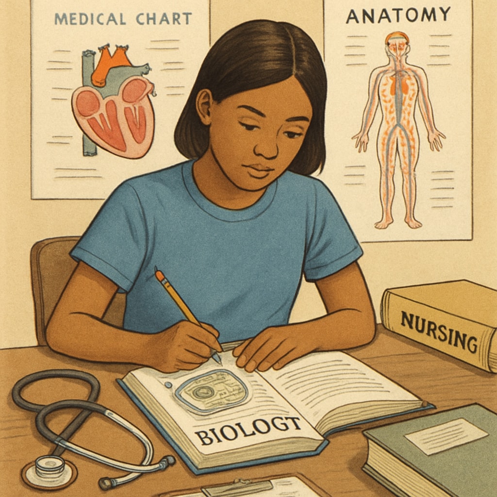 A high school student studying biology textbooks with healthcare-related materials in the background, symbolizing early preparation for a nursing career. High school student preparing for nursing programs with biology textbooks.