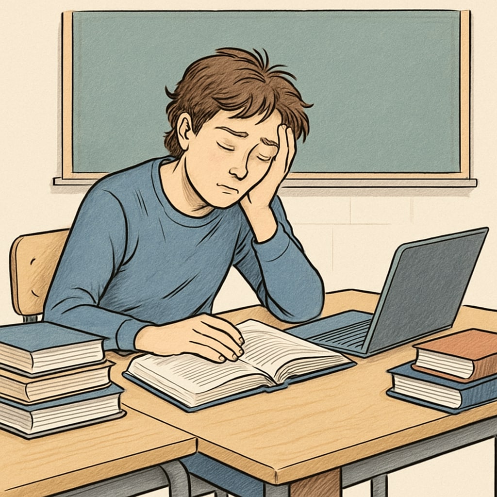 A tired student sitting at a desk with books and a laptop, symbolizing the potential stress of overworking while studying. A stressed high school student juggling work and academic responsibilities.