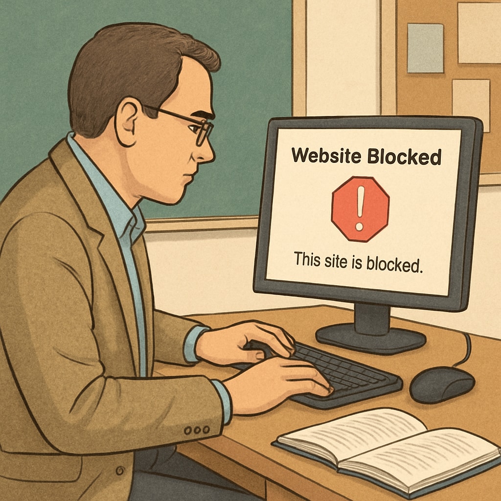 An educator reviewing a blocked website message on a classroom computer, representing internet restrictions in schools. A teacher encountering a blocked website, illustrating challenges of age verification laws.