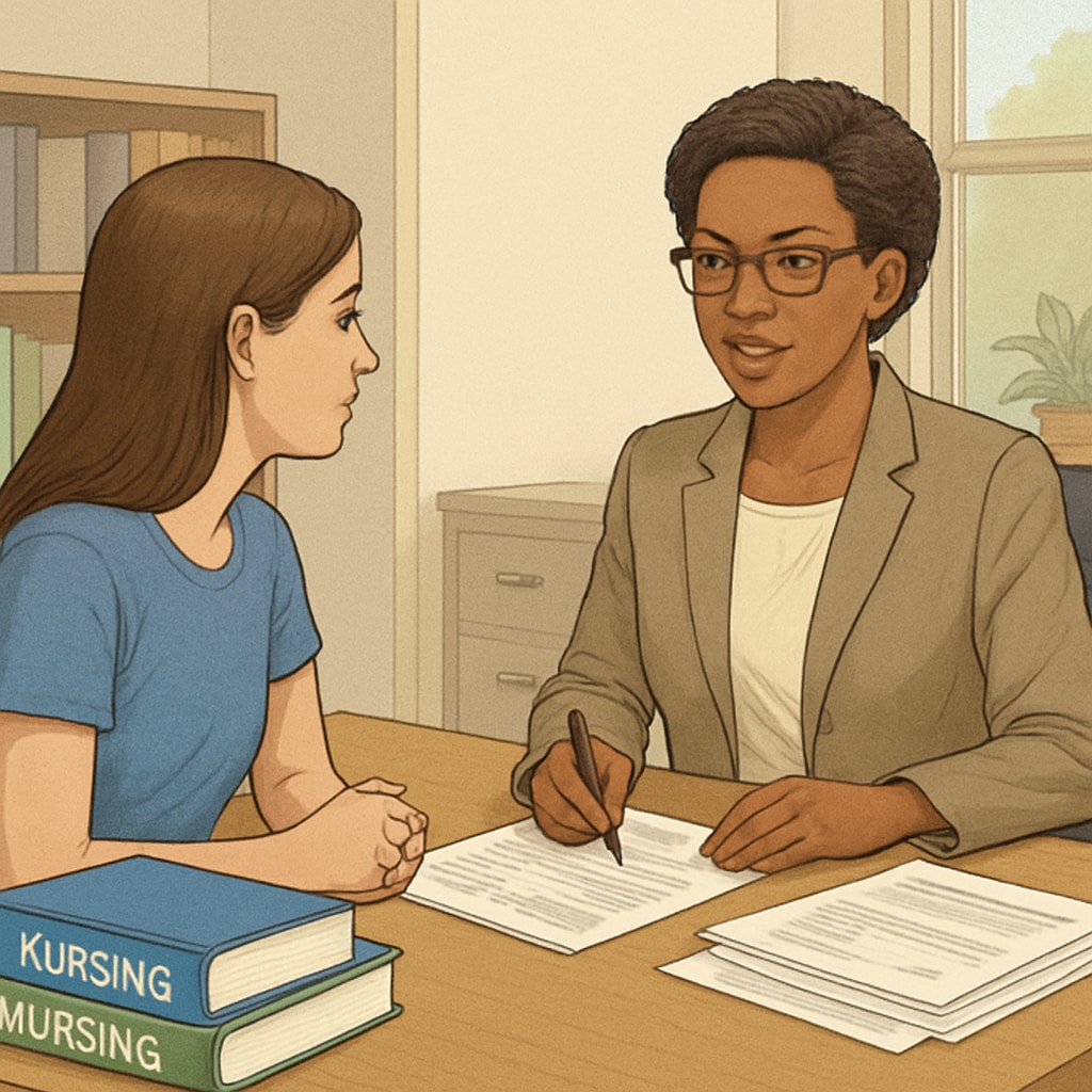 A college student meeting with an academic advisor to discuss transfer options, with nursing textbooks on a desk, representing the importance of planning for college transfers. College student planning a transfer to a nursing program with an academic advisor.