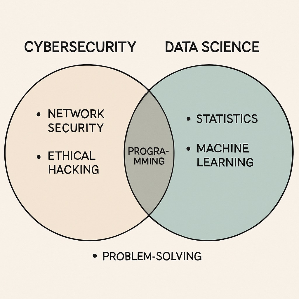 A graphical comparison of the skill sets required for cybersecurity and data science careers, showing overlap in areas like programming and problem-solving. Cybersecurity and data science skill set comparison chart