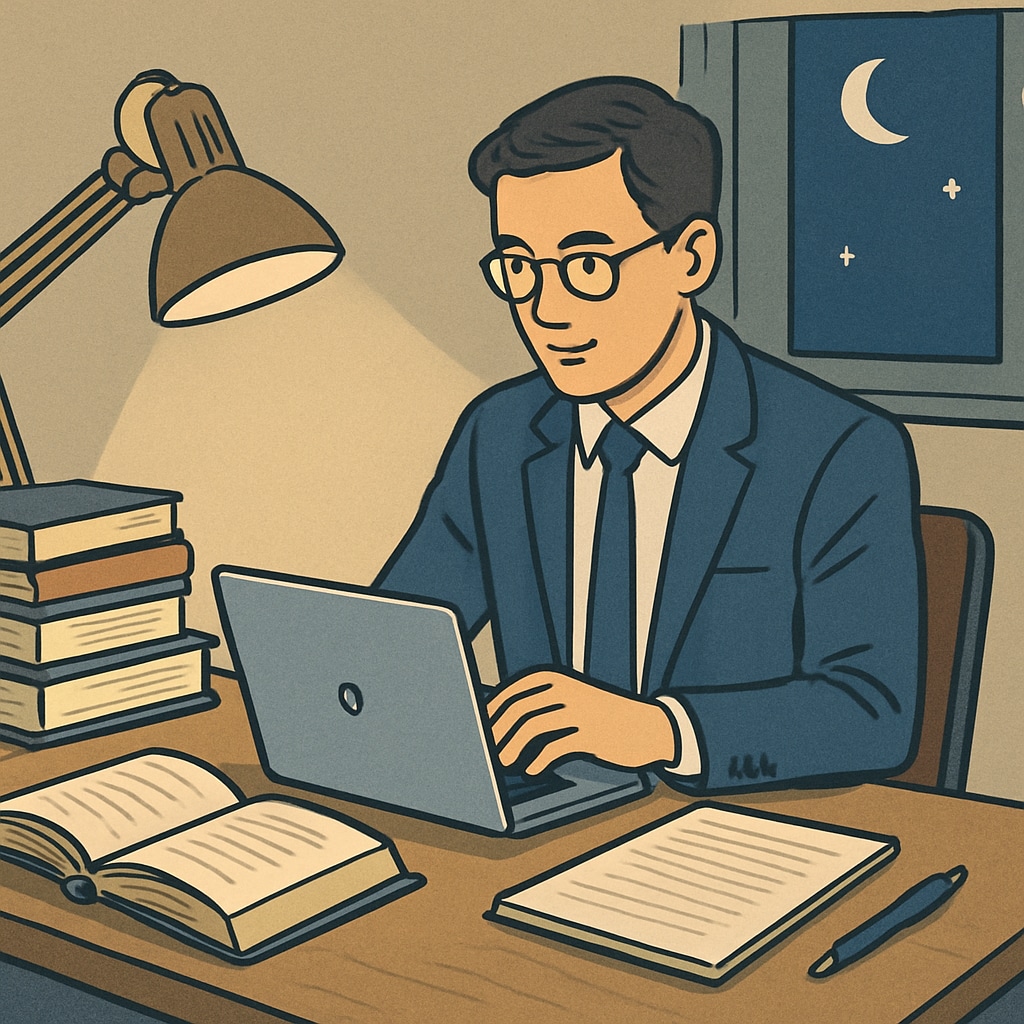 A professional working on a laptop at night to balance work and study commitments. A working professional managing time for a master’s degree and career development.
