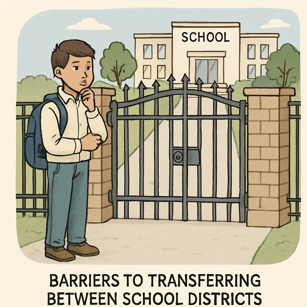 A student standing at a closed school gate, symbolizing the barriers to transferring between school districts. A student facing obstacles to transfer schools, representing systemic barriers.