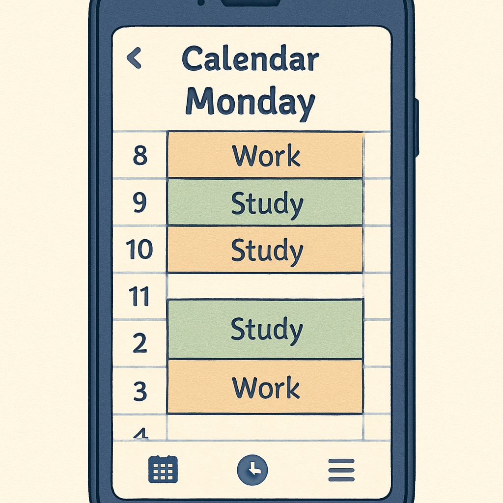 A calendar app open on a smartphone, showing a well-organized schedule of work and study tasks. A digital calendar demonstrating time management for career and study commitments.