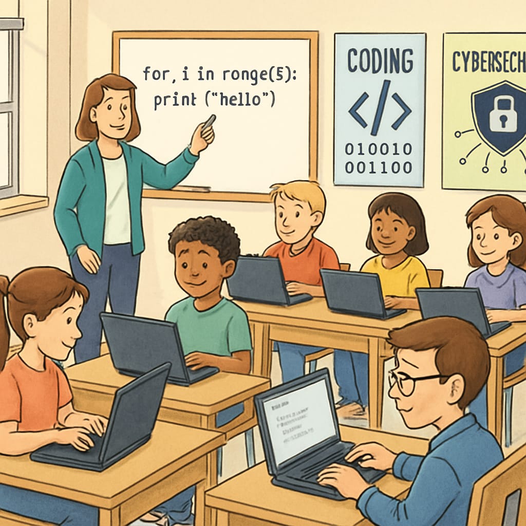 A classroom setting where students are learning basic coding and cybersecurity principles on laptops. Students in a classroom learning coding and cybersecurity basics