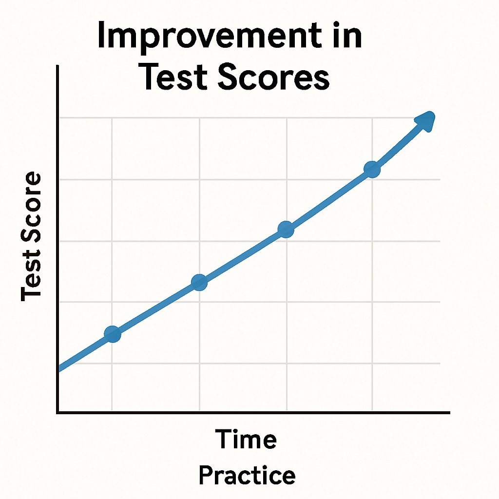 A graph showing improvement in test scores over time, illustrating the impact of consistent practice. Graph demonstrating the benefits of practicing mathematical aptitude tests.