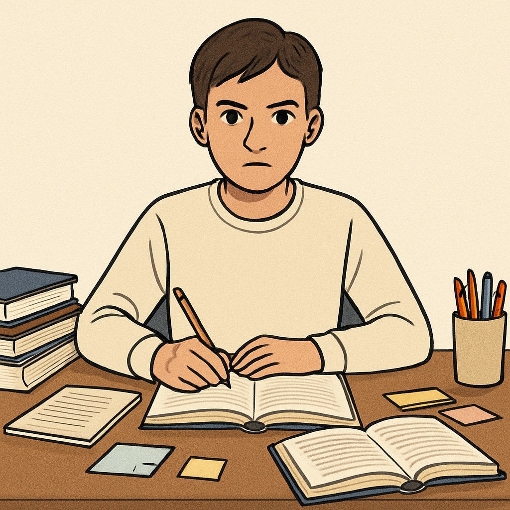 A young person sitting at a desk with study materials, looking determined to restart their education. A student focusing on study materials to recover from interrupted education in the UK.
