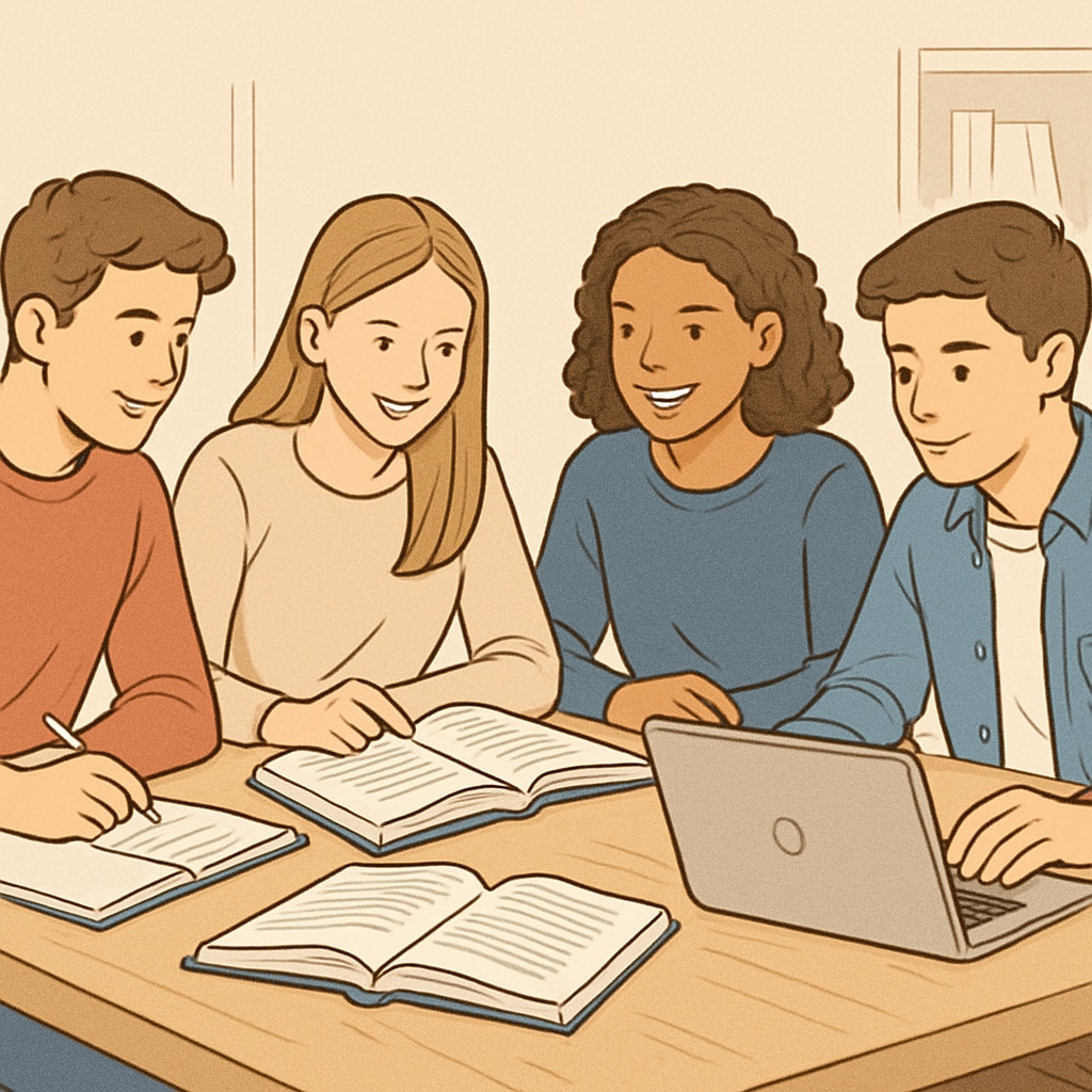 A group of teenagers studying together, with books and laptops, symbolizing collaborative and motivated learning. Teenagers studying together to rebuild their academic motivation and habits.