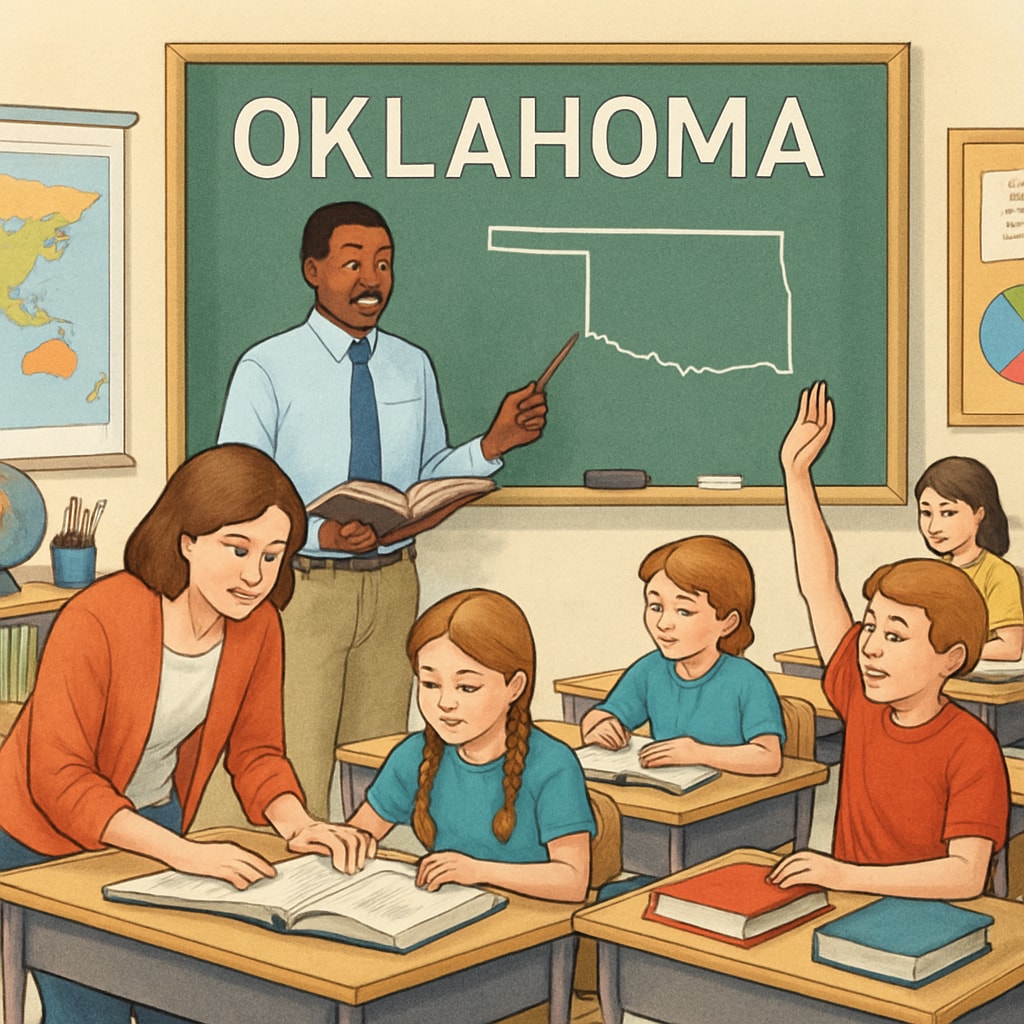 A classroom in Oklahoma with teachers and students engaged in learning activities, highlighting the state's educational environment. Oklahoma classroom with teachers and students engaging in activities, representing education impacted by the screening policy.