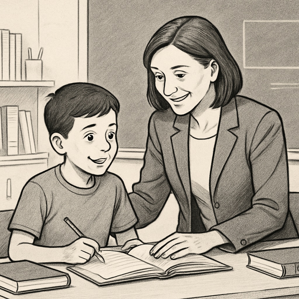 A teacher or mentor guiding a young student in a classroom setting, symbolizing support and encouragement. A mentor helping a student recover from interrupted studies in the UK education system.