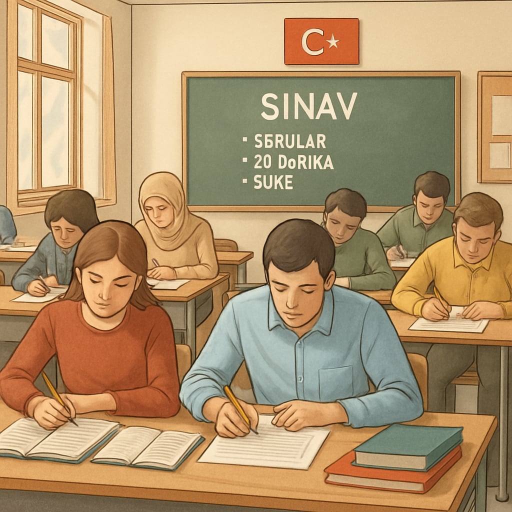 A Turkish classroom with students preparing for a high-stakes exam, reflecting the focus on standardized testing. Students in Turkey preparing for standardized exams, highlighting exam-driven education.