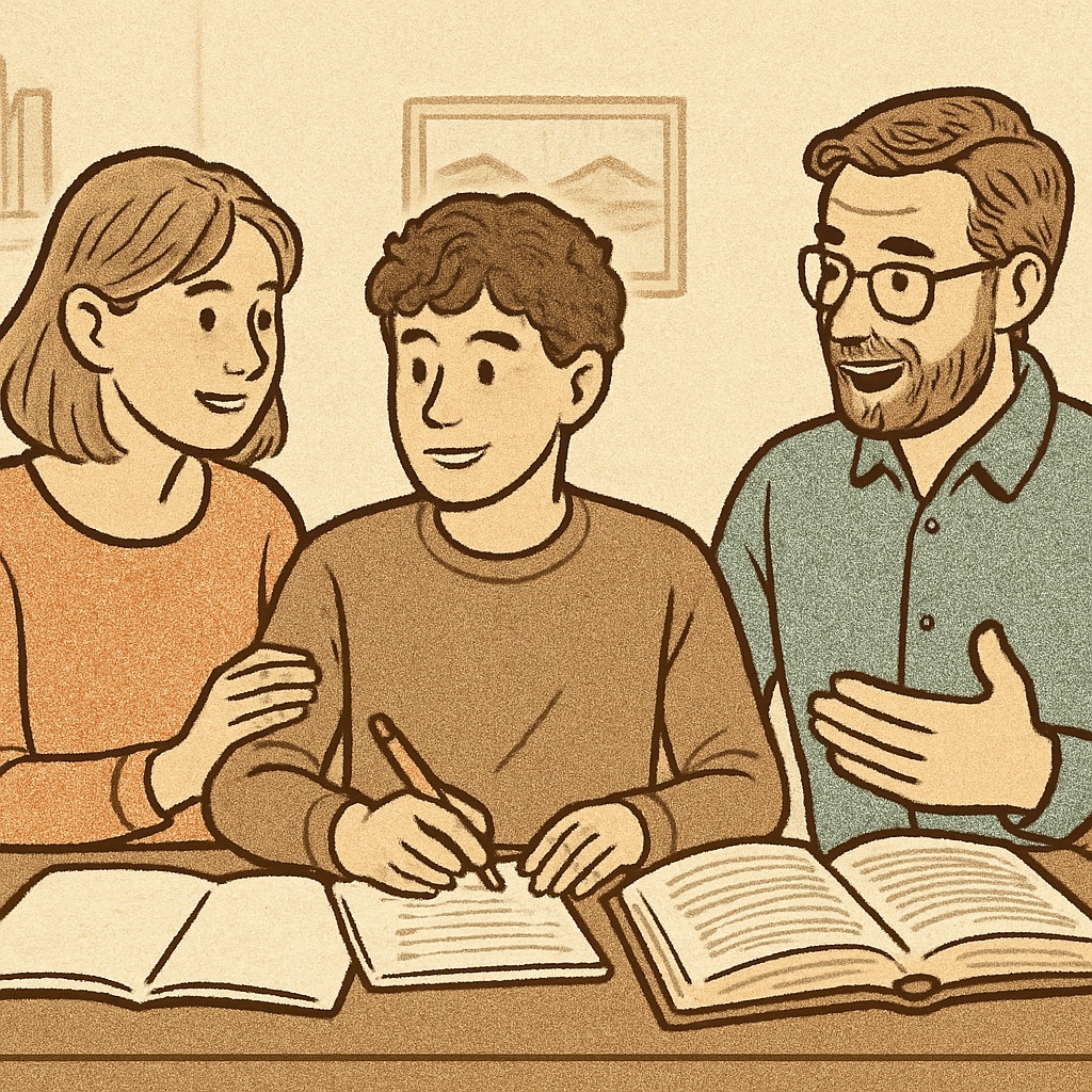 Parents discussing study plans with their teenage child in a relaxed setting, showing positive reinforcement and reduced intervention. Parents supporting their teenager in making study decisions independently.