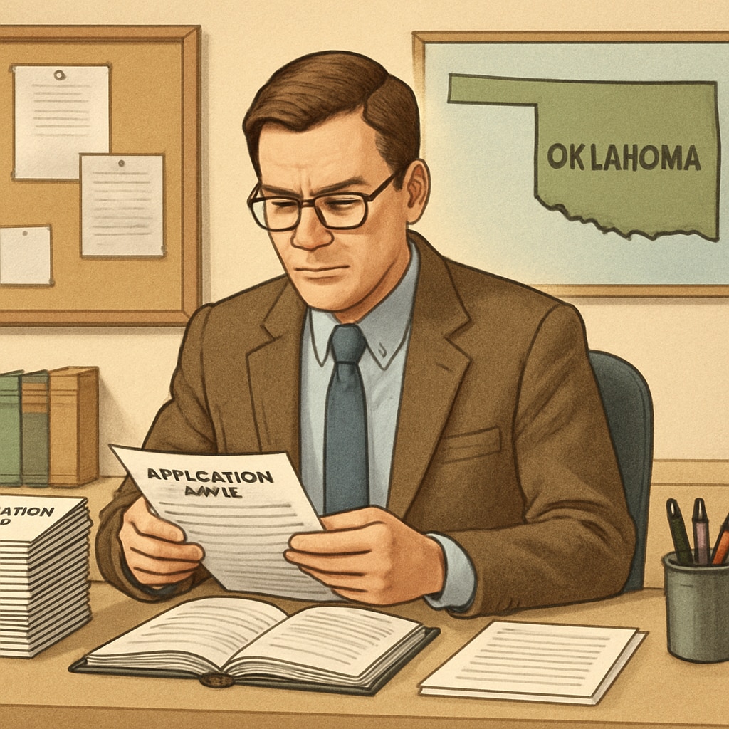A teacher reviewing application forms in Oklahoma, symbolizing the new screening process for out-of-state educators. Teacher reviewing forms for Oklahoma's political screening policy for teacher applications.