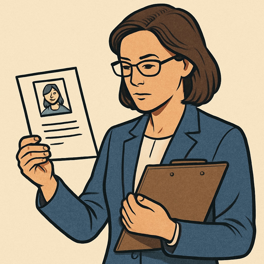 A teacher reviewing applications while holding a clipboard, symbolizing the hiring process. Teacher reviewing applications for hiring process in Oklahoma schools.