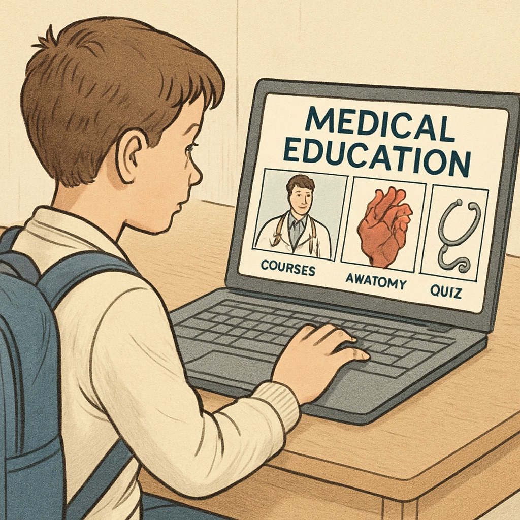 A young student browsing an online medical education platform designed for non-medical learners. Student exploring medical education resources online for non-medical backgrounds.