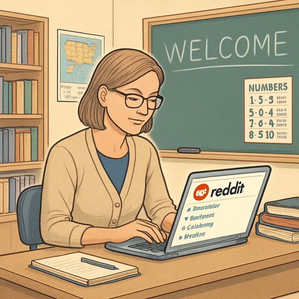 A teacher browsing Reddit education subreddits on a laptop in a classroom setting. Teacher using Reddit education subreddits on a laptop for K12 resources.