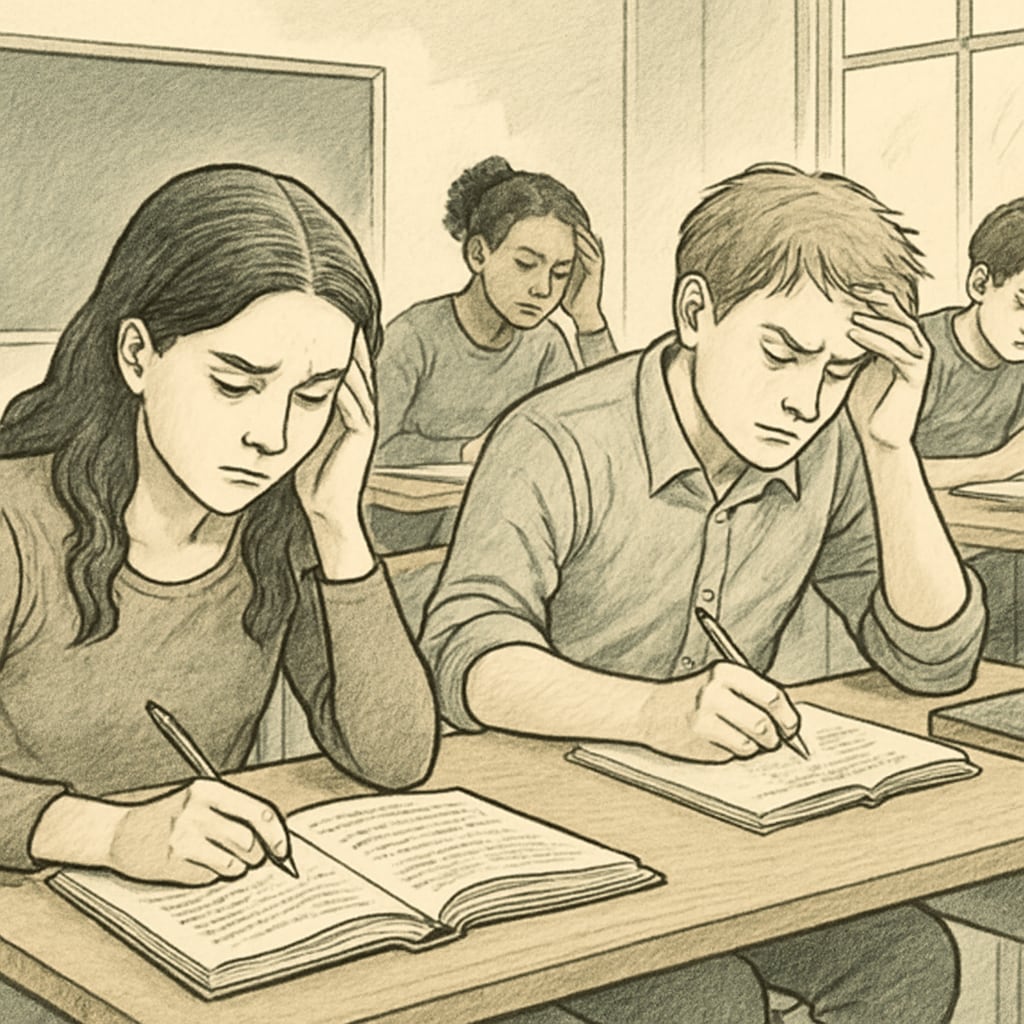 A group of students sitting in a classroom, appearing stressed while preparing for exams. Students experiencing academic anxiety while preparing for GCSE results.