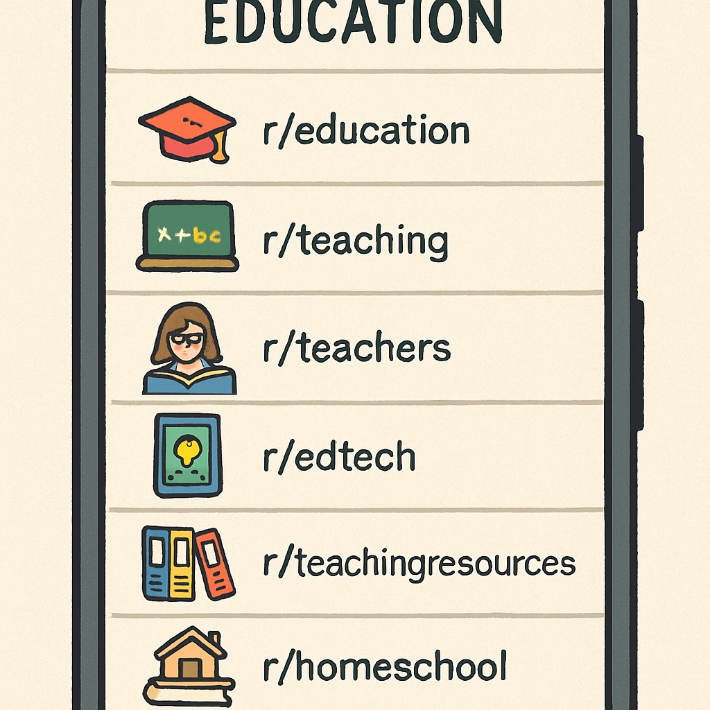 A list of education subreddits displayed on a mobile screen with colorful icons. Mobile view of Reddit education subreddits for teachers and parents.