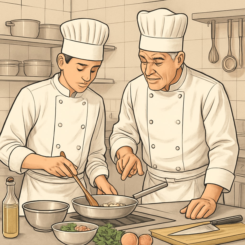An aspiring chef working in a professional kitchen, learning through an apprenticeship program. A student exploring career paths through vocational training after GCSE results.