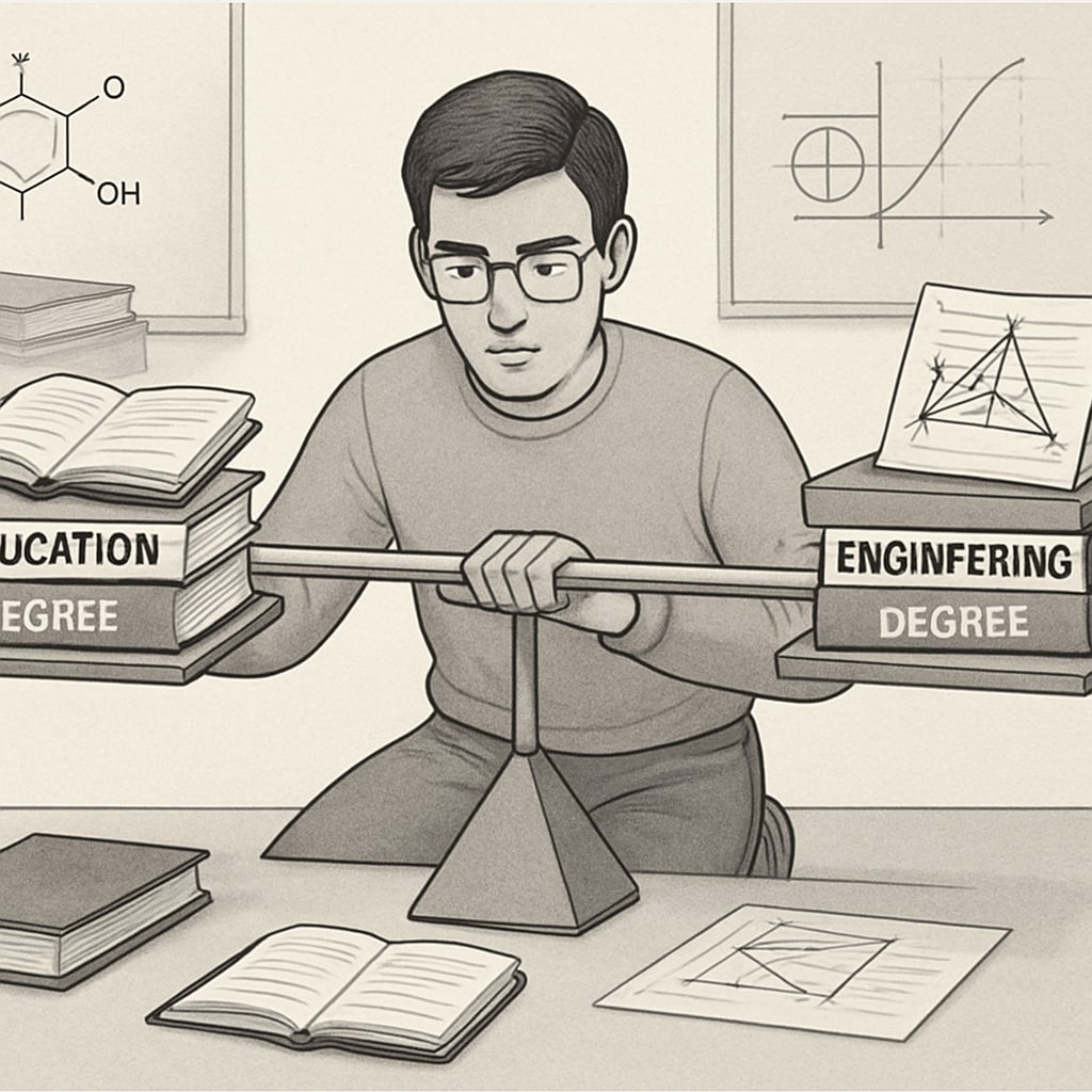 A student balancing coursework between an education degree and an engineering degree, symbolizing cross-disciplinary study. A student working on assignments for education and engineering dual degrees.