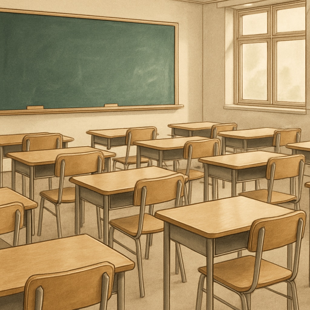 A classroom with empty desks and a chalkboard, symbolizing absent teachers and disrupted education. Empty classroom symbolizing Teacherless Tuesday and education disruption.