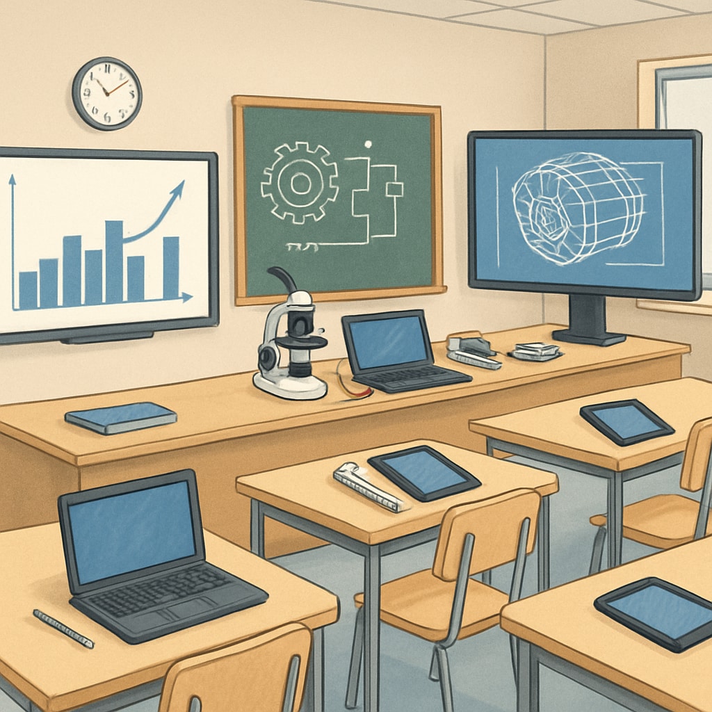 A classroom equipped with modern technology, illustrating the intersection of engineering and education. A classroom showcasing the integration of engineering tools in education.